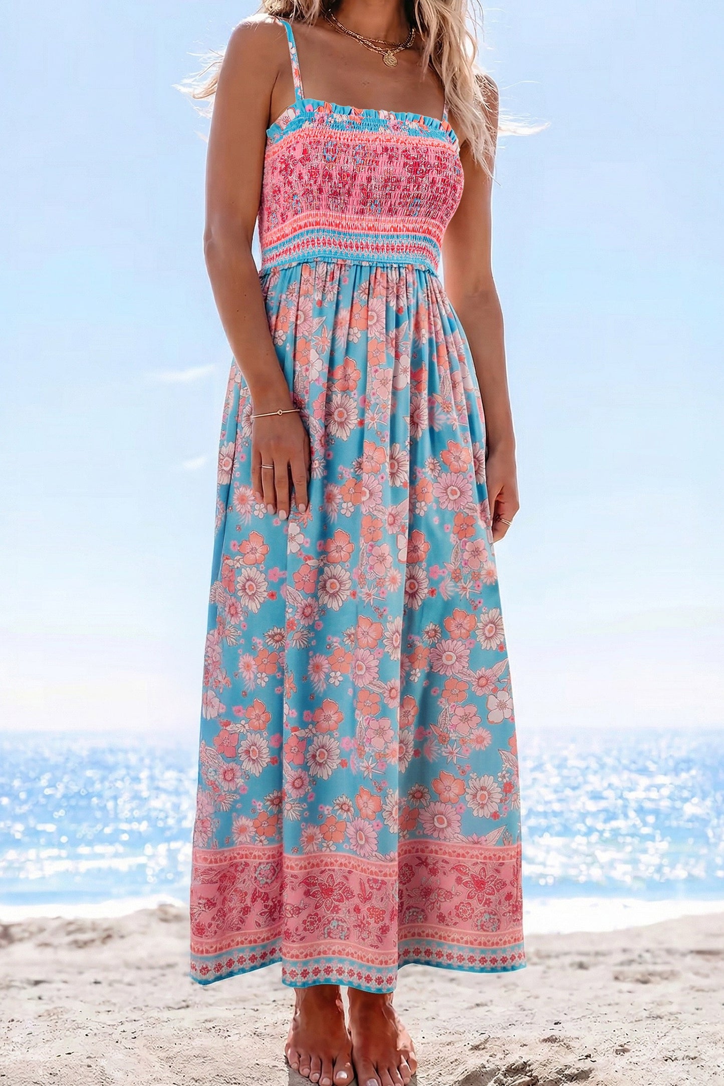Blue Boho Print Spaghetti Straps Maxi Dress