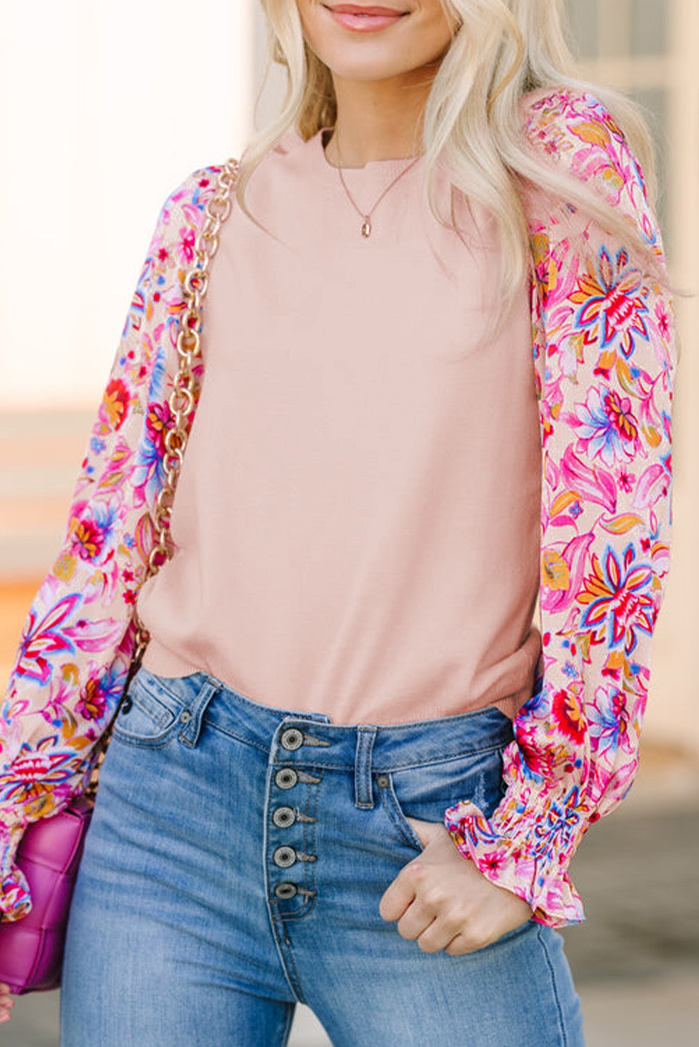 Apricot Knit Top with Floral Sleeves