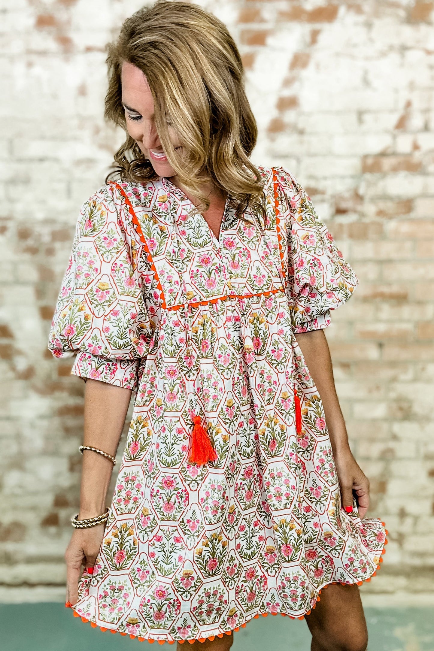 Floral Print Tassel Tie V Neck Scalloped Detail Loose Mini Dress