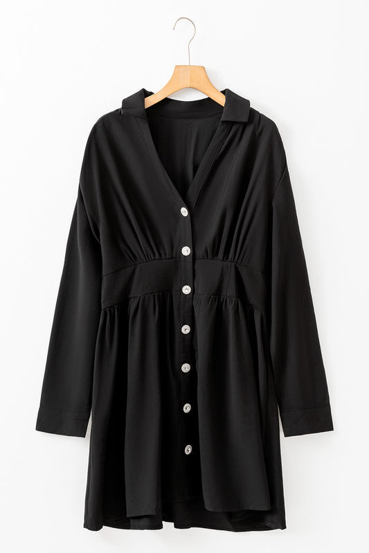 Black Cinched Waist Long Sleeve Shirt Dress