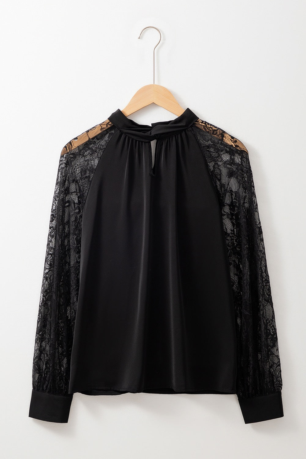 Black Keyhole Neckline Floral Lace Raglan