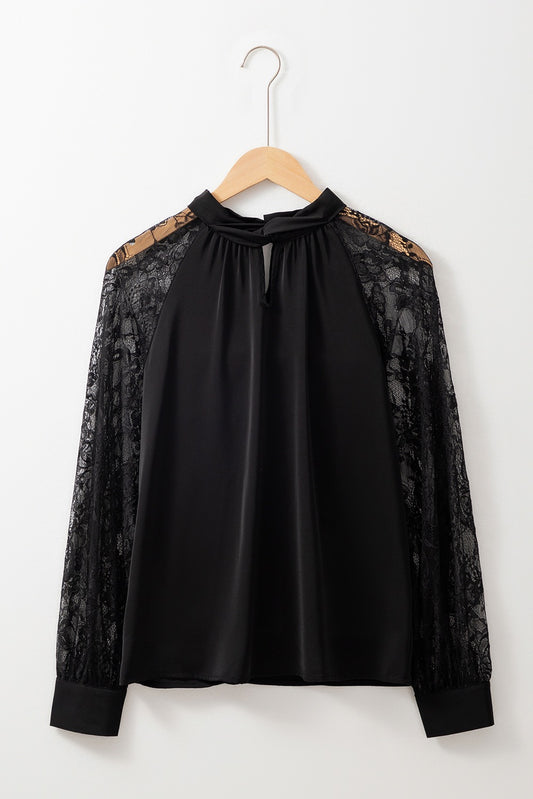 Black Keyhole Neckline Floral Lace Raglan