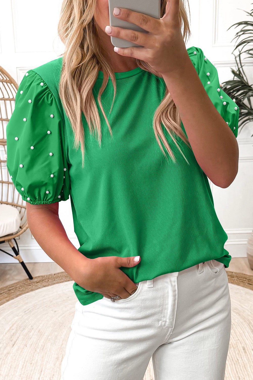 Green Pearled Puff Sleeve Top
