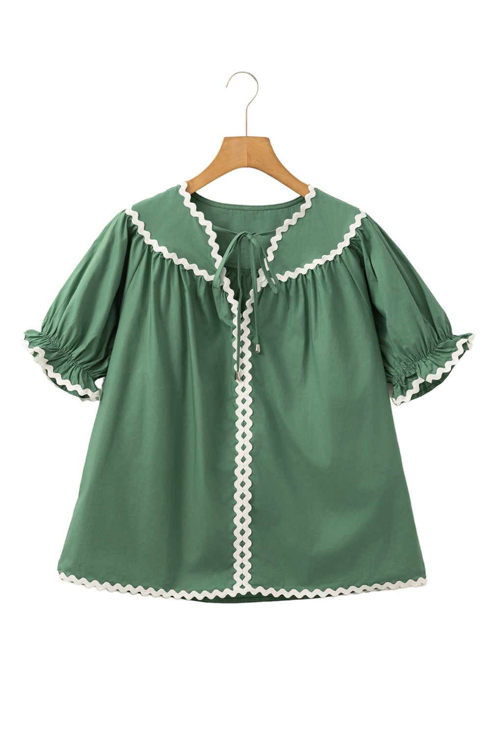 Green Ric Rac Trim Short Sleeve Blouse