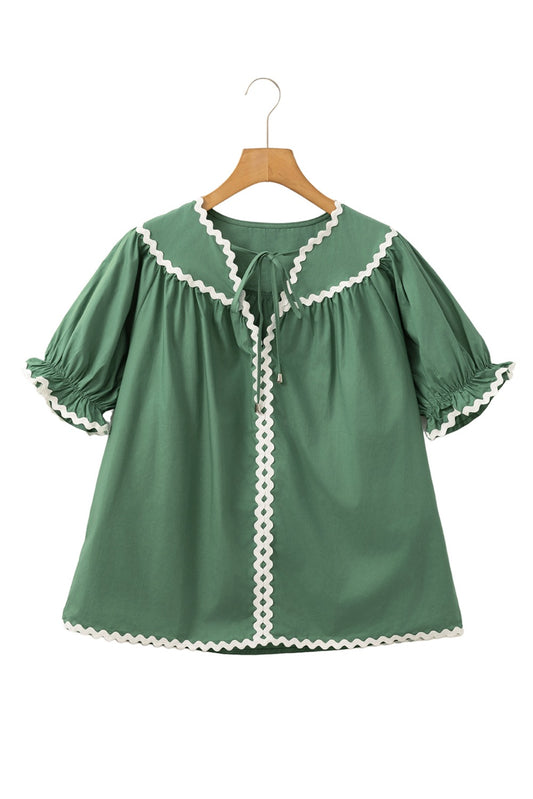 Green Ric Rac Trim Short Sleeve Blouse