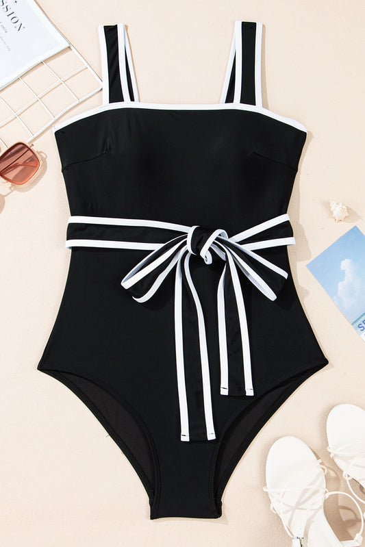 Black Contrast Belted One Piece
