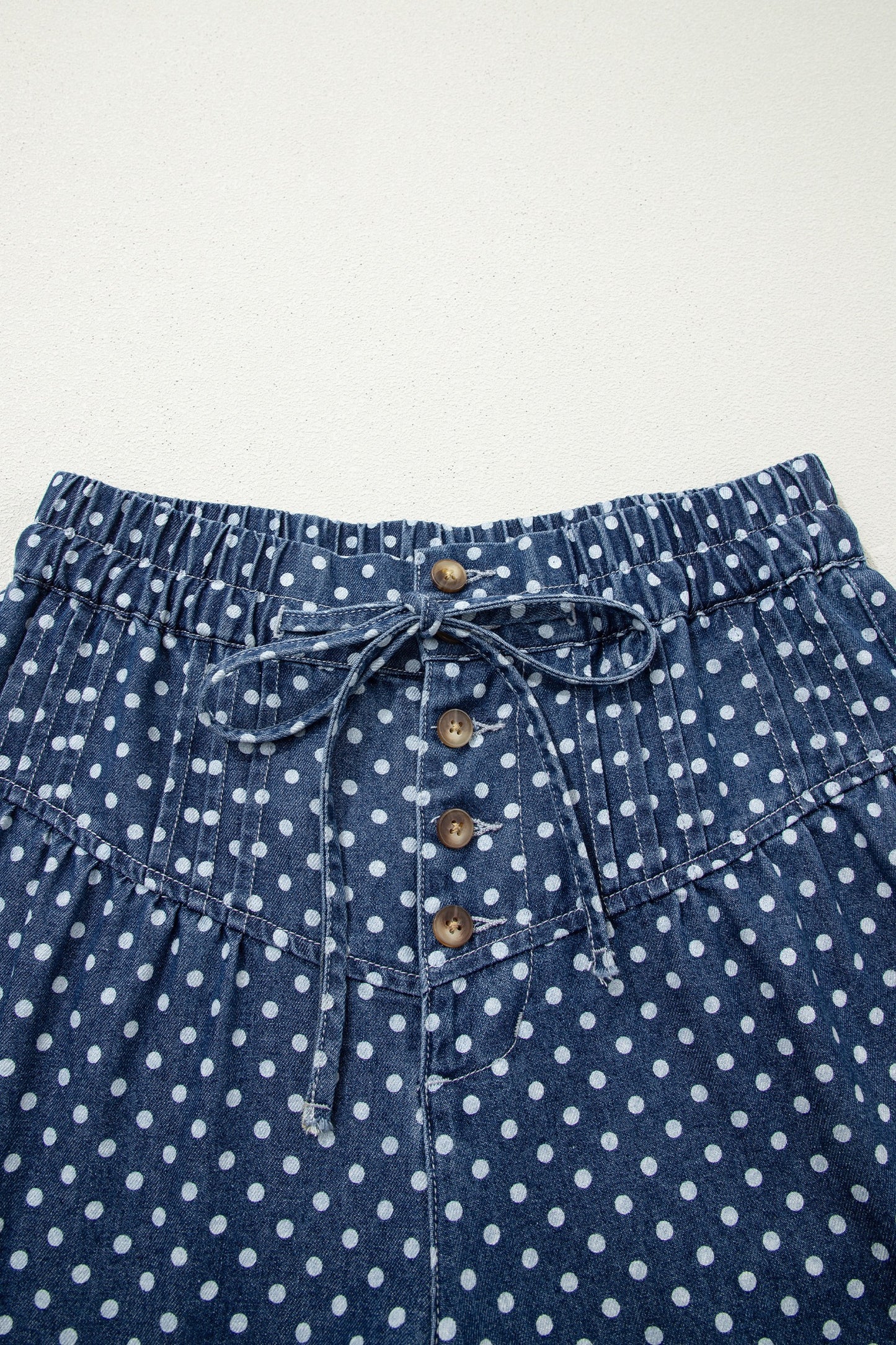 Blue Polka Dot Print Button Pleated Detail Wide Leg Jeans