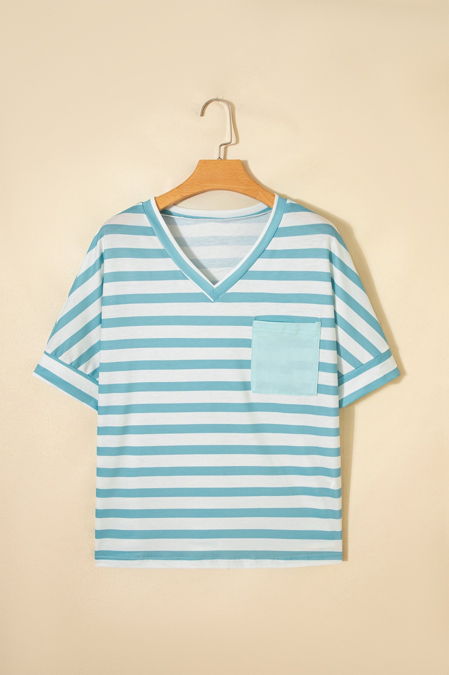 Blue Stripe V Neck Patched Pocket Tee