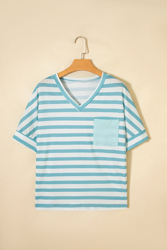 Blue Stripe V Neck Patched Pocket Tee