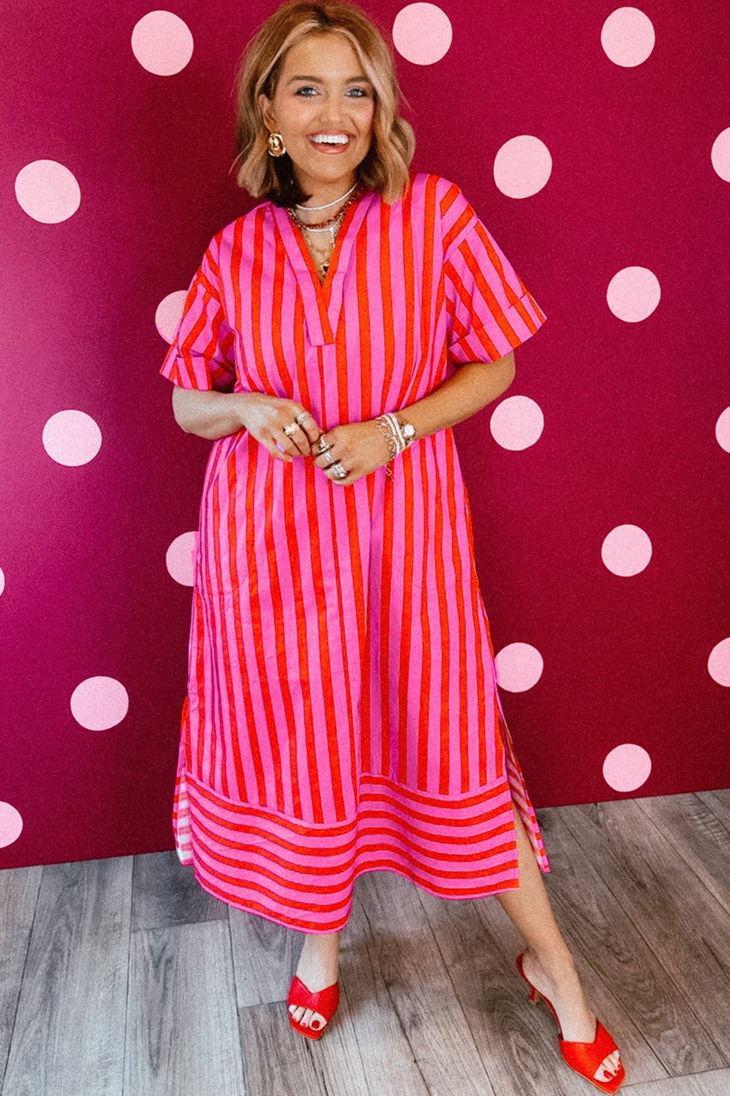 Red Stripe V Neck Cuffed Sleeve Dress