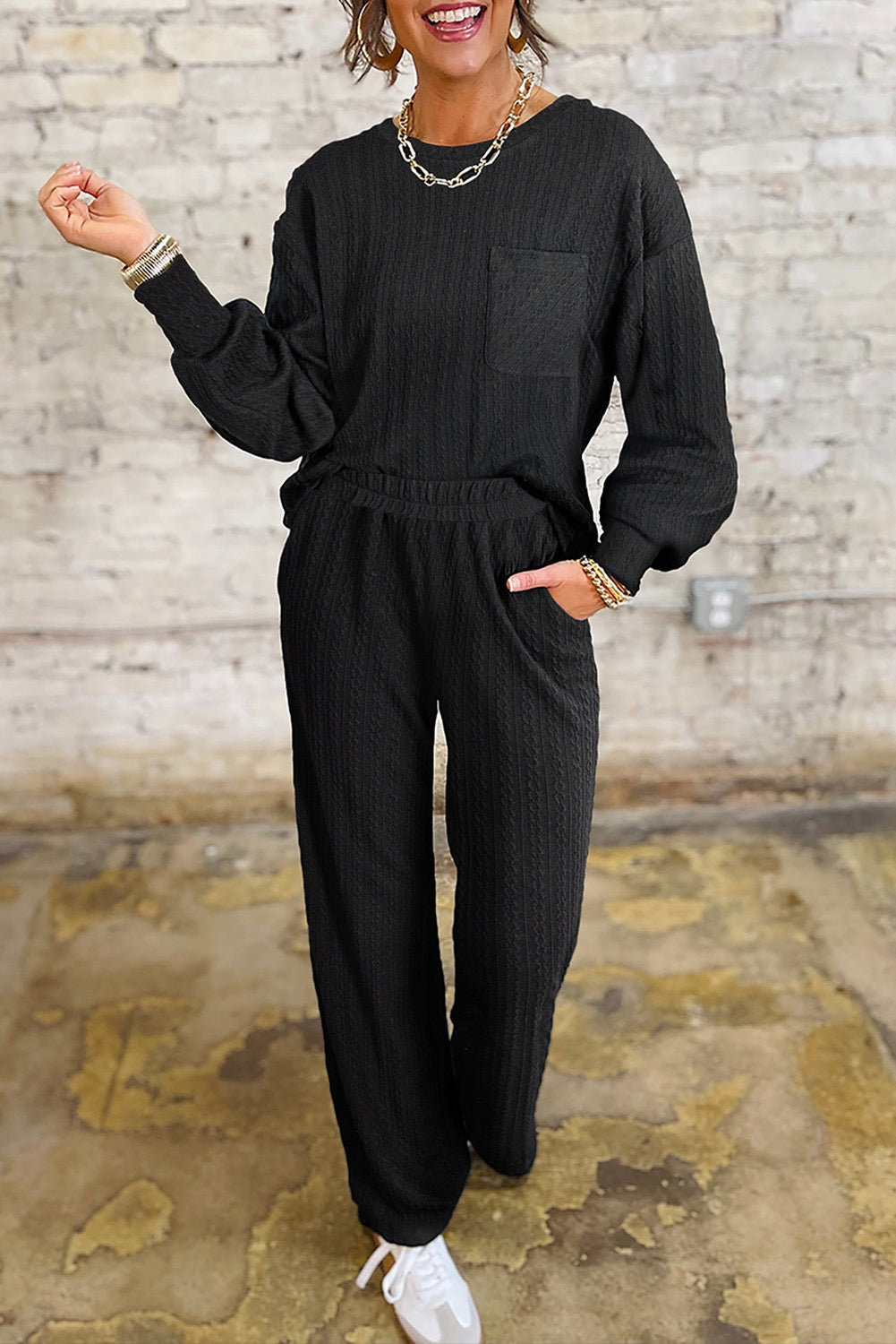 Pants Set Black Textured Chest Pocket Long Sleeve