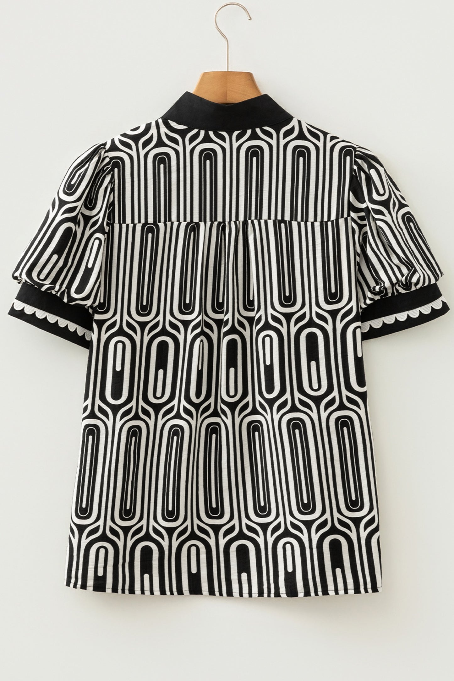 Black Geometric Print Contrast Scallop Color Block Patchwork Short Sleeve Shirt