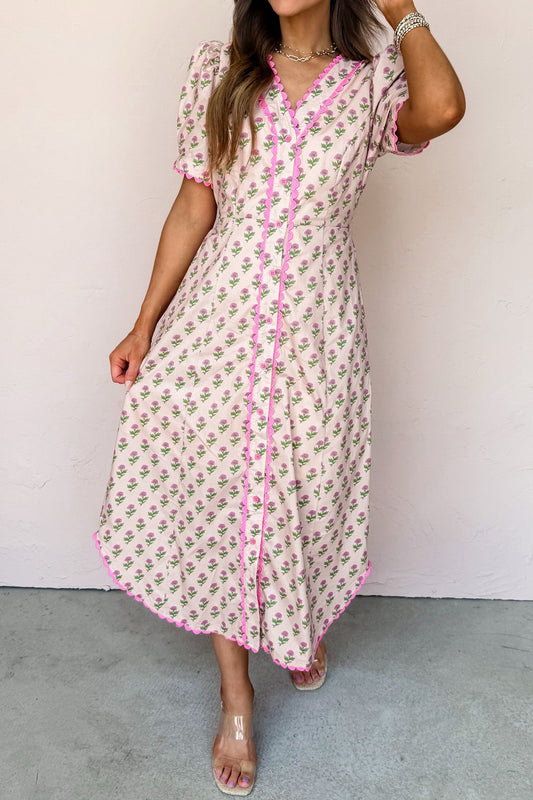 Pink Floral Print V Neck Scallop Trim Button Front Short Sleeve Maxi