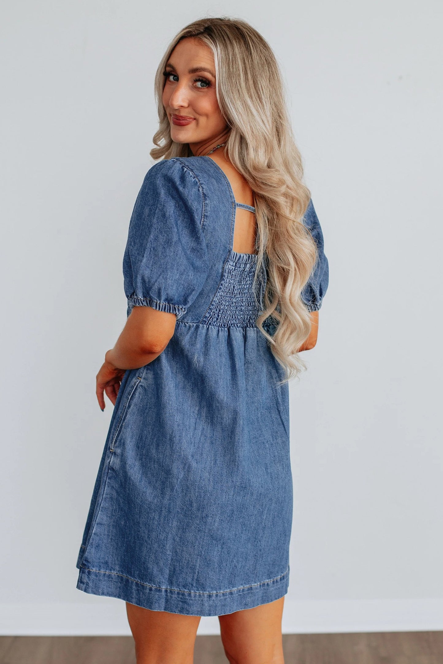 Square Neck Short Puff Sleeve Denim Dress
