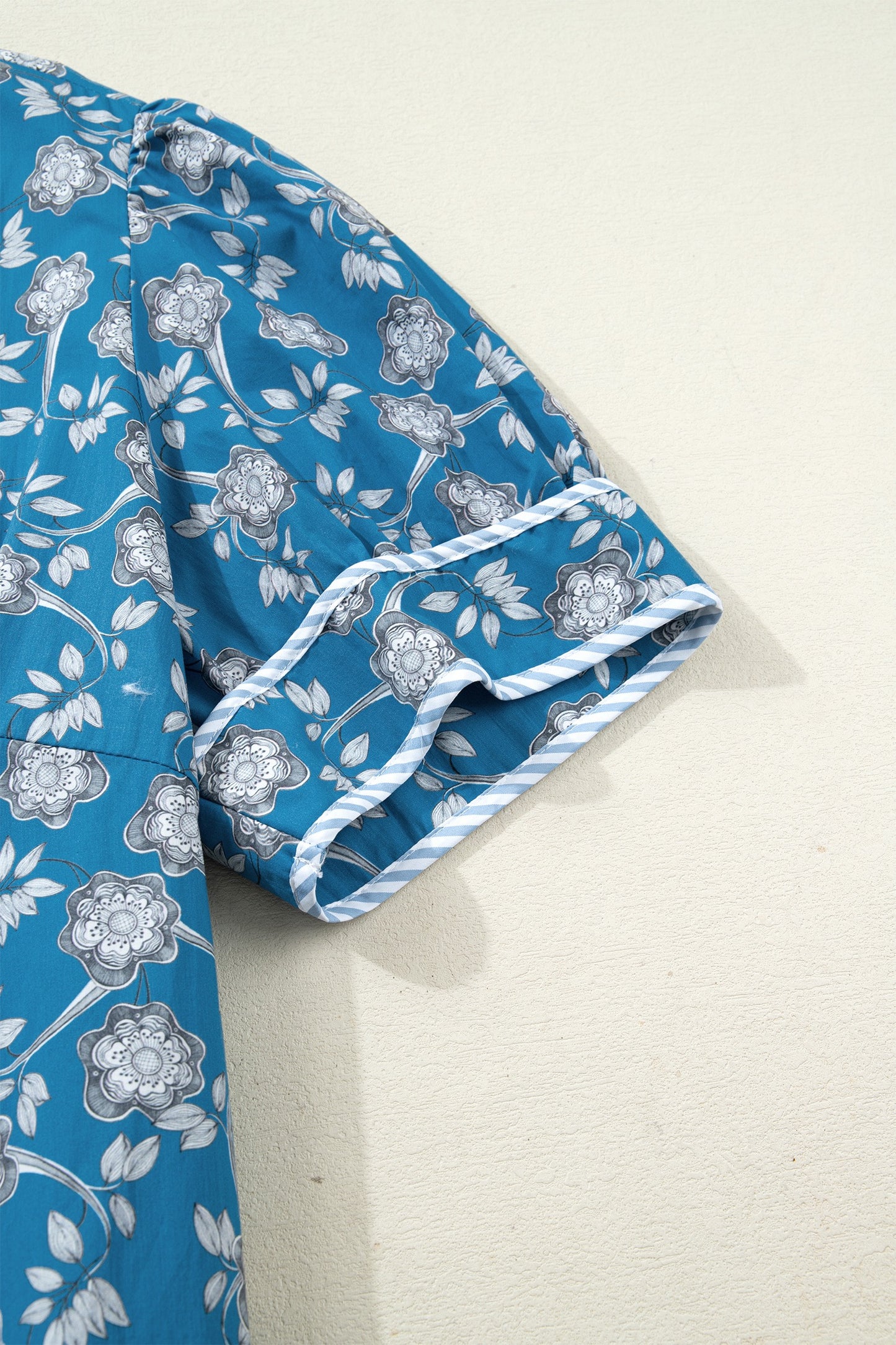 Blue Plus Size Floral Print Striped Patchwork Detail Button Front Ruffle Hem