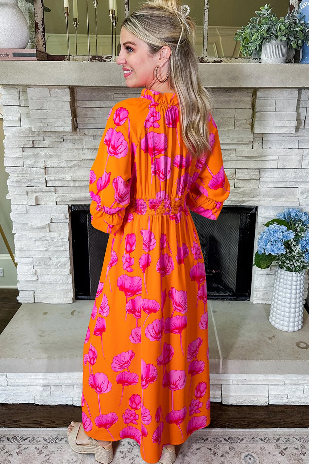 Orange Floral Print Frilly Smocked V Neck 3/4 Sleeve Maxi