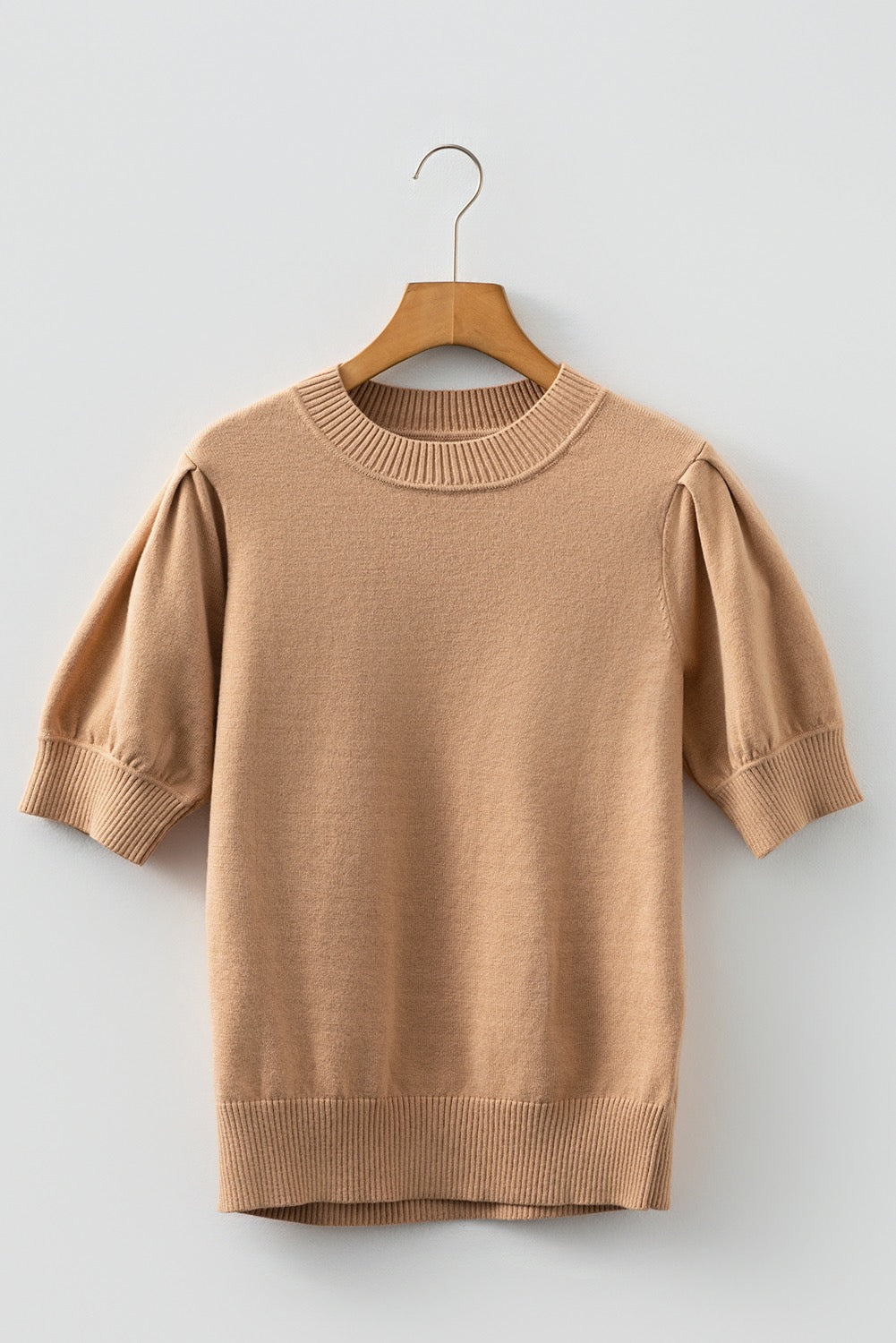 Light French Beige Solid Color Knit Short Puff Sleeve Sweater