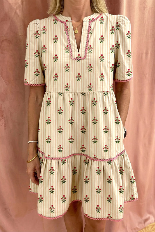 Apricot Striped Floral Print Contrast Detail Ruffle Hem Dress