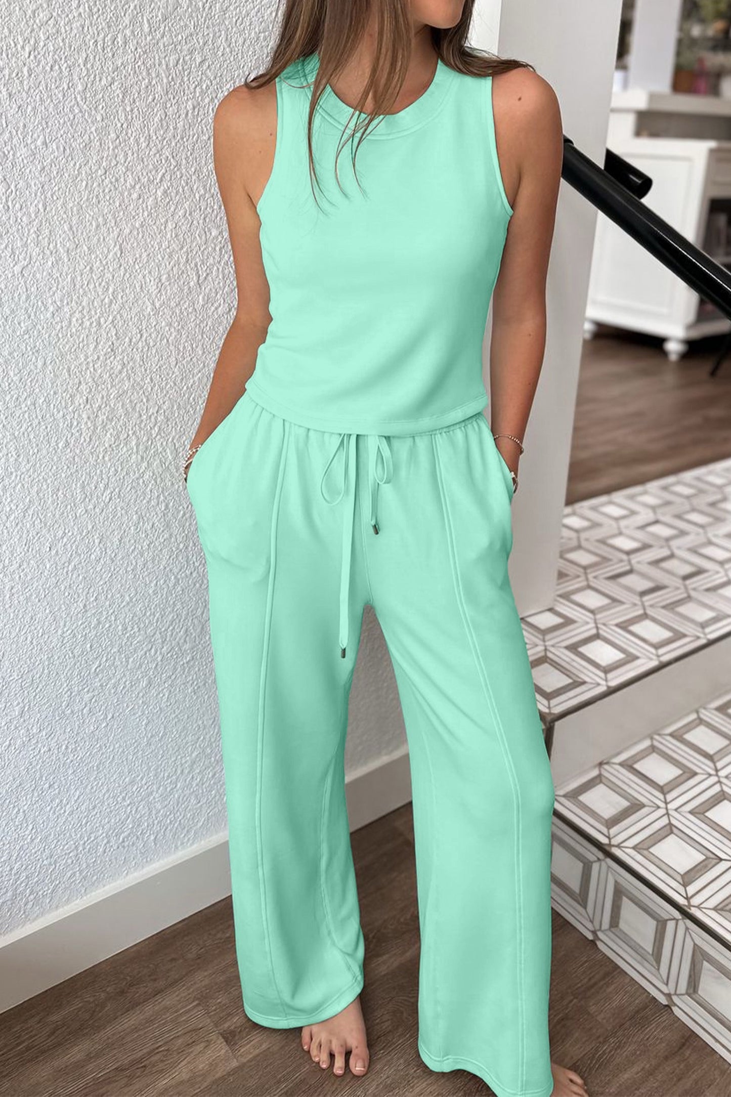 Jade Drawstring Elastic Waistband Solid Color Two Piece Casual