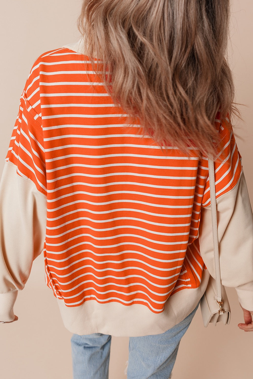 Orange Stripe Color Block Loose Fit Collared Sweatshirt