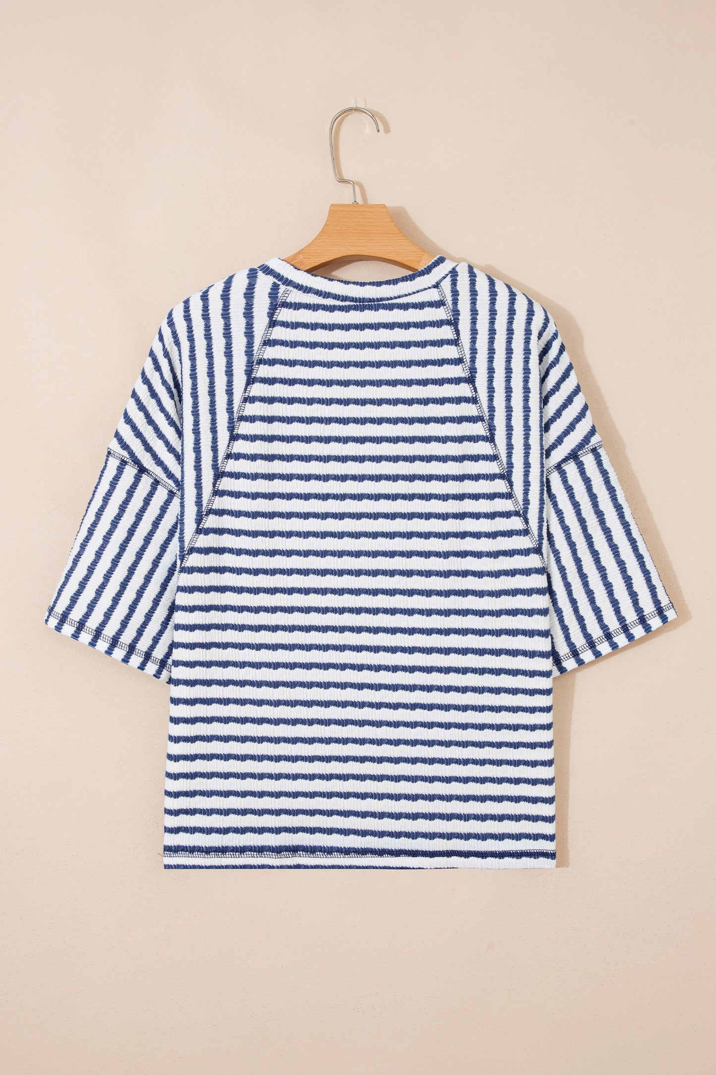 Navy Stripe Scallop Lace Trim Ruffle Short Sleeves Crewneck Top