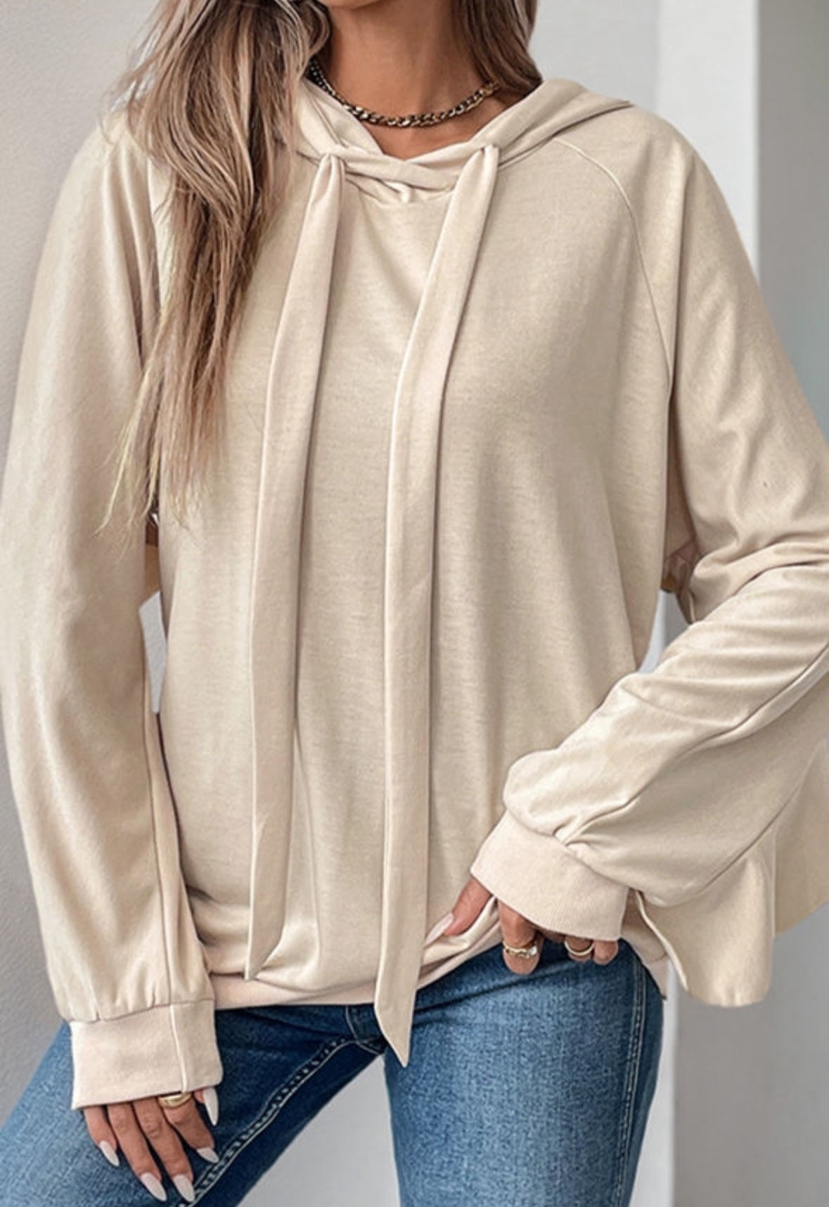 Beige Ruffled Edge Drawstring Hoodie