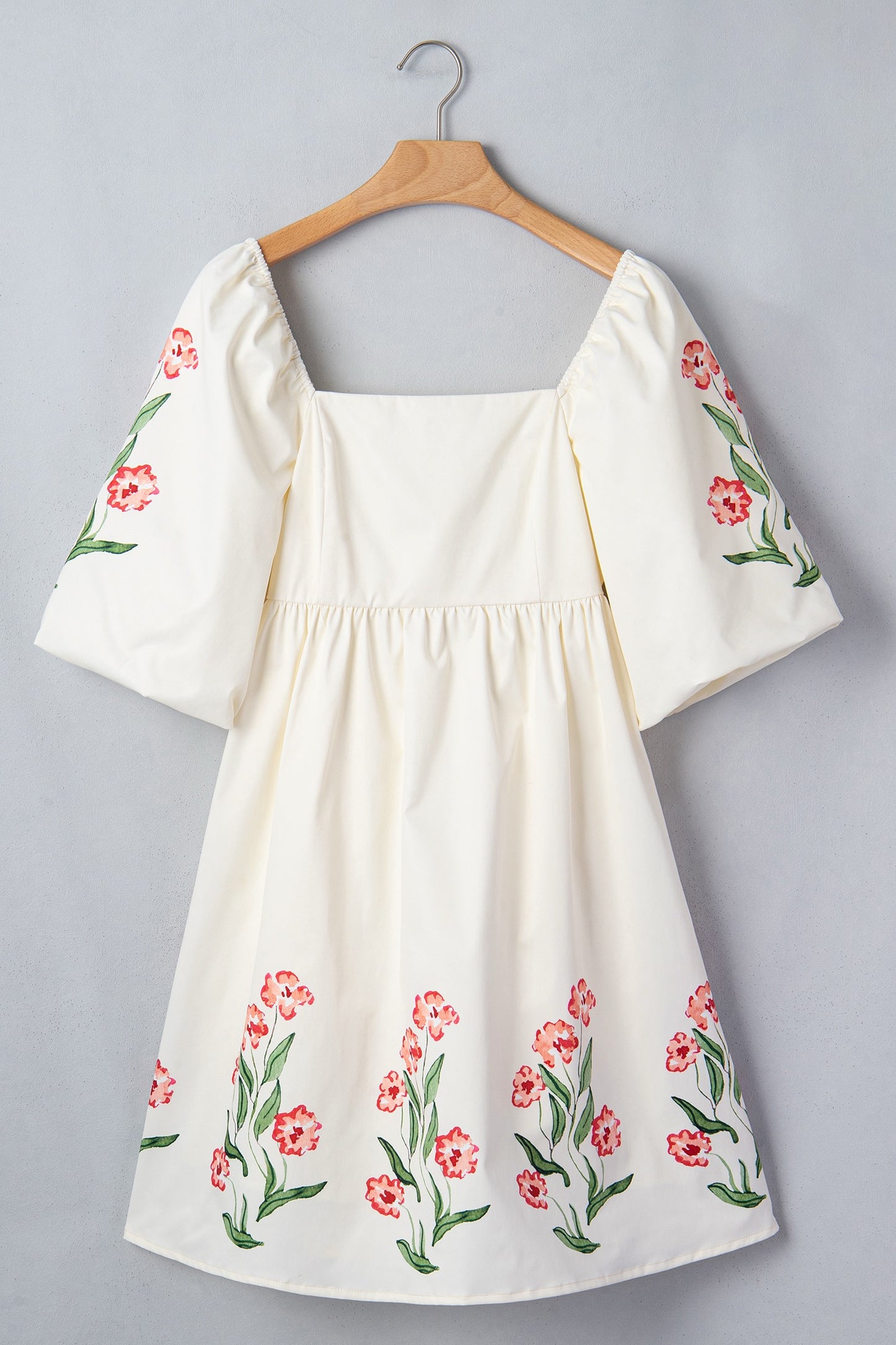 Beige Floral Print Puff Sleeve Babydoll Dress