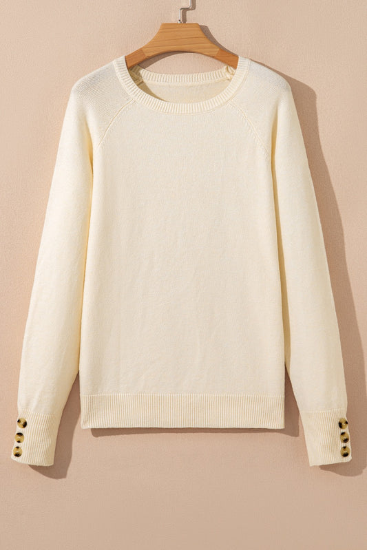 Ivory Buttoned Bishop Sleeve Crew Neck Sweater