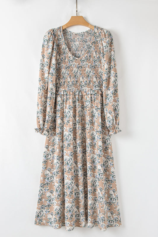 Khaki Maple Grove Floral Smocked Puff Sleeve Dress