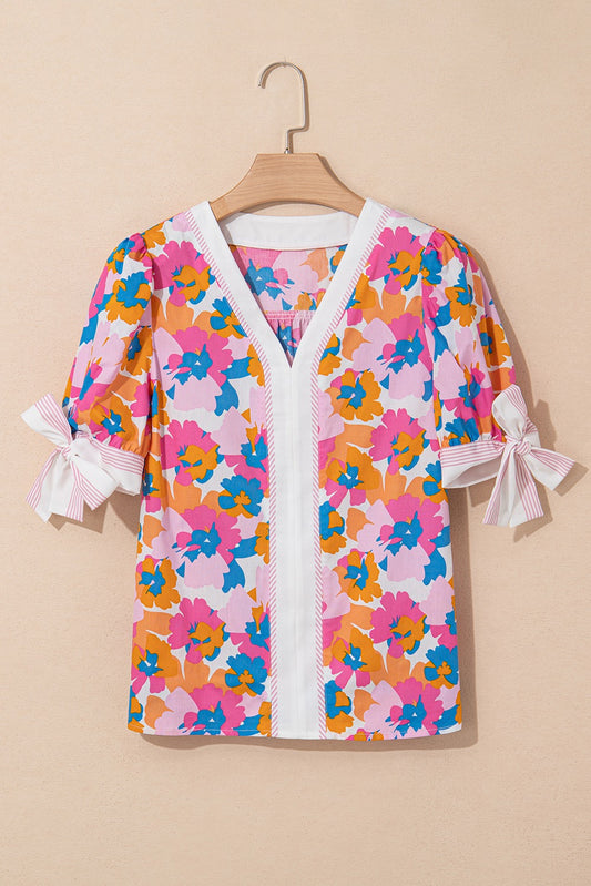 White Floral Striped Edge Short Sleeve Blouse