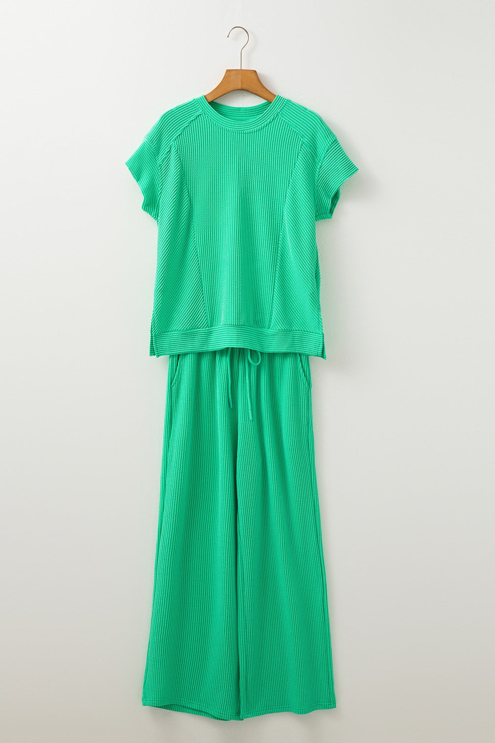 Solid Green Corded Knit Short Sleeve T Shirt and Wide Leg Pants Set