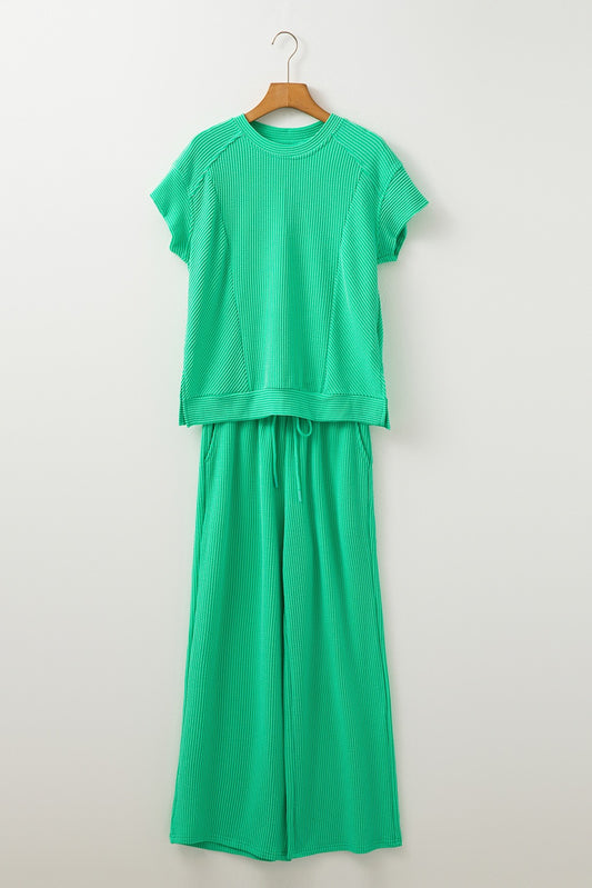 Solid Green Corded Knit Short Sleeve T Shirt and Wide Leg Pants Set