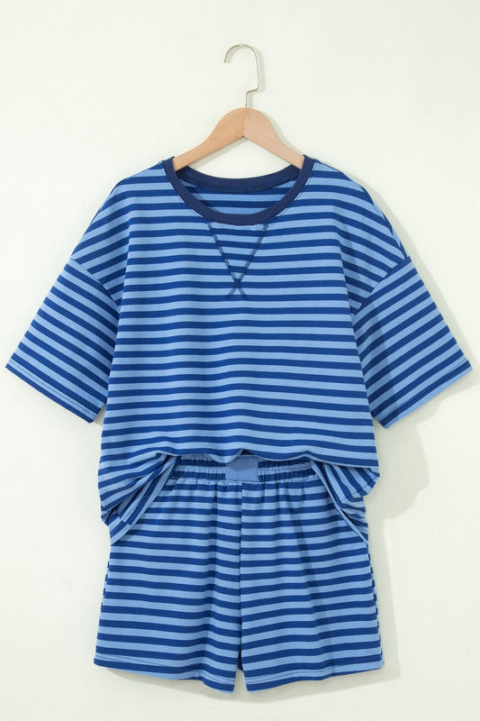 Blue Stripe Striped Ribbed Cotton Two-
Piece Short Set with Chest Patch