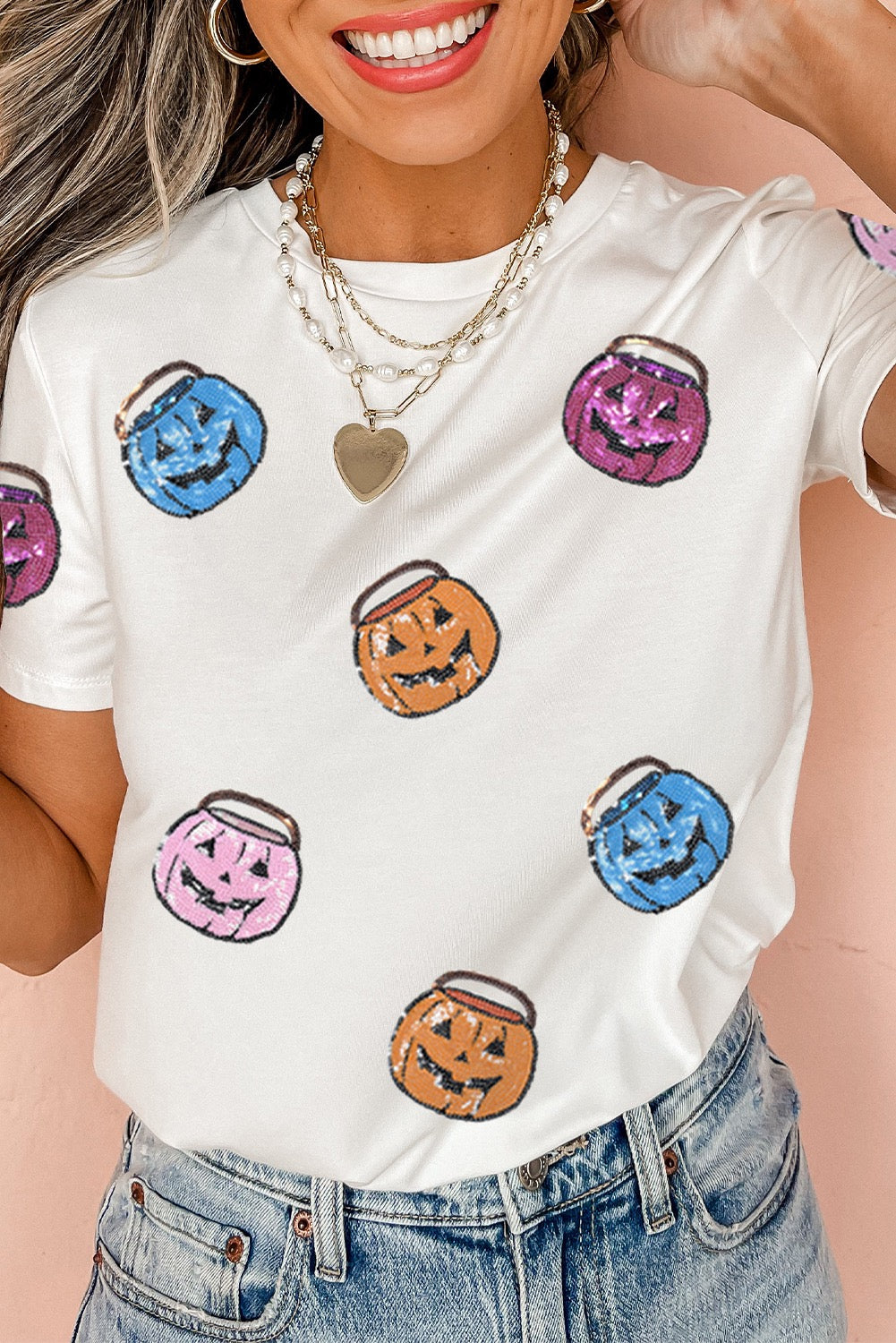 White Sequin Pumpkin Face Patched Crew Neck Holiday T