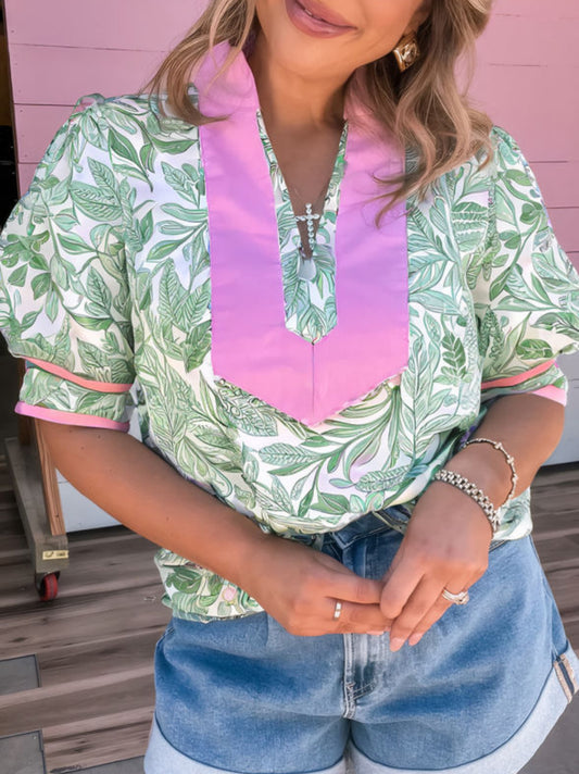 Pink and Green Floral Blouse