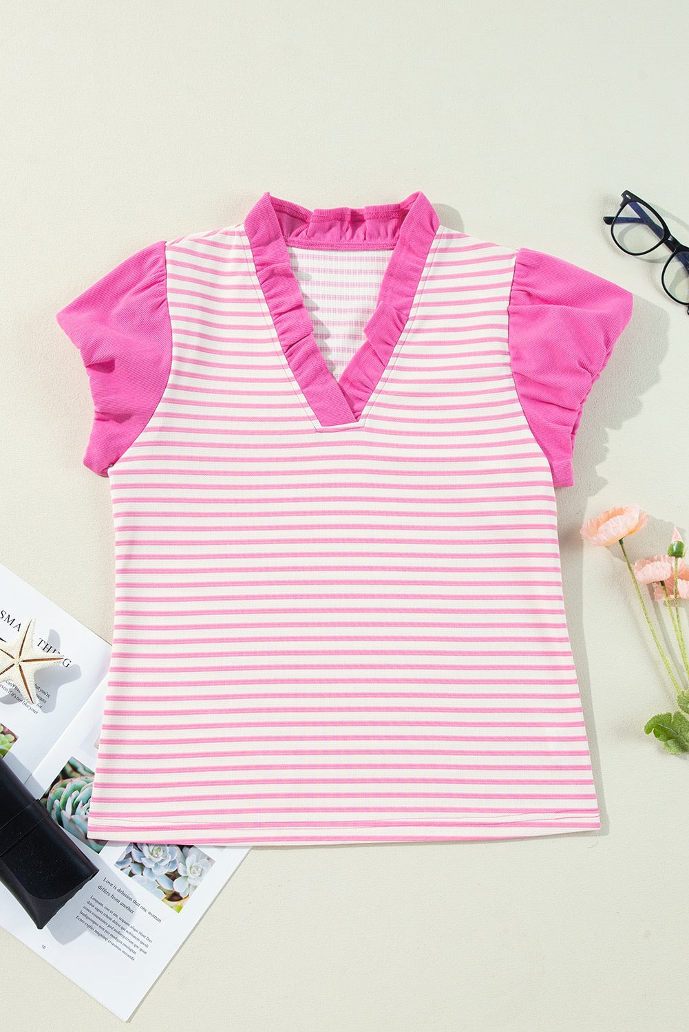 Pink Stripe Ruffle V Neck Puff Sleeve Top