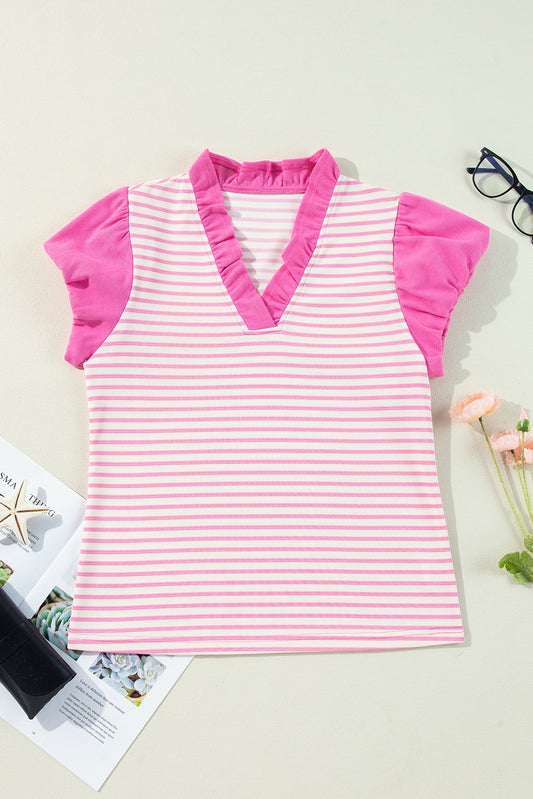 Pink Stripe Ruffle V Neck Puff Sleeve Top