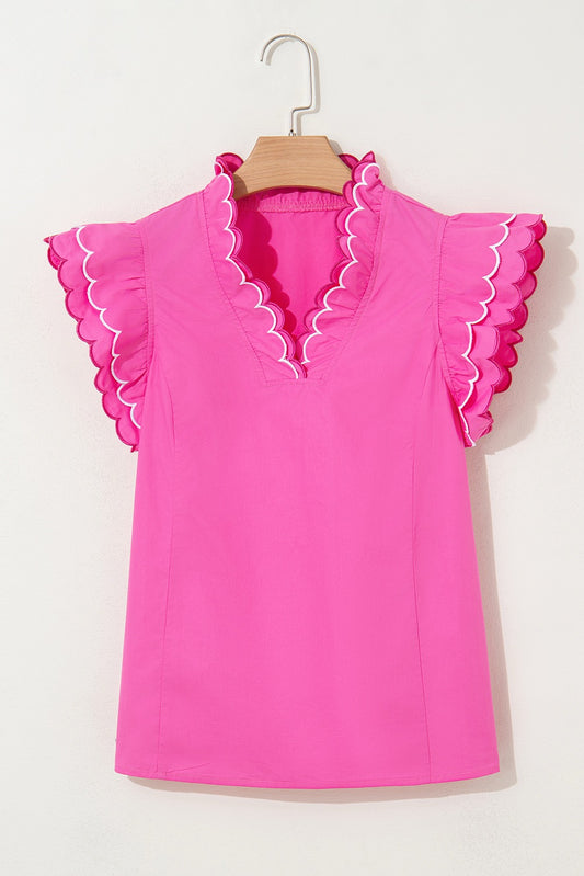 Bright Pink Contrast Scallop Trim Layered Short Sleeve Blouse