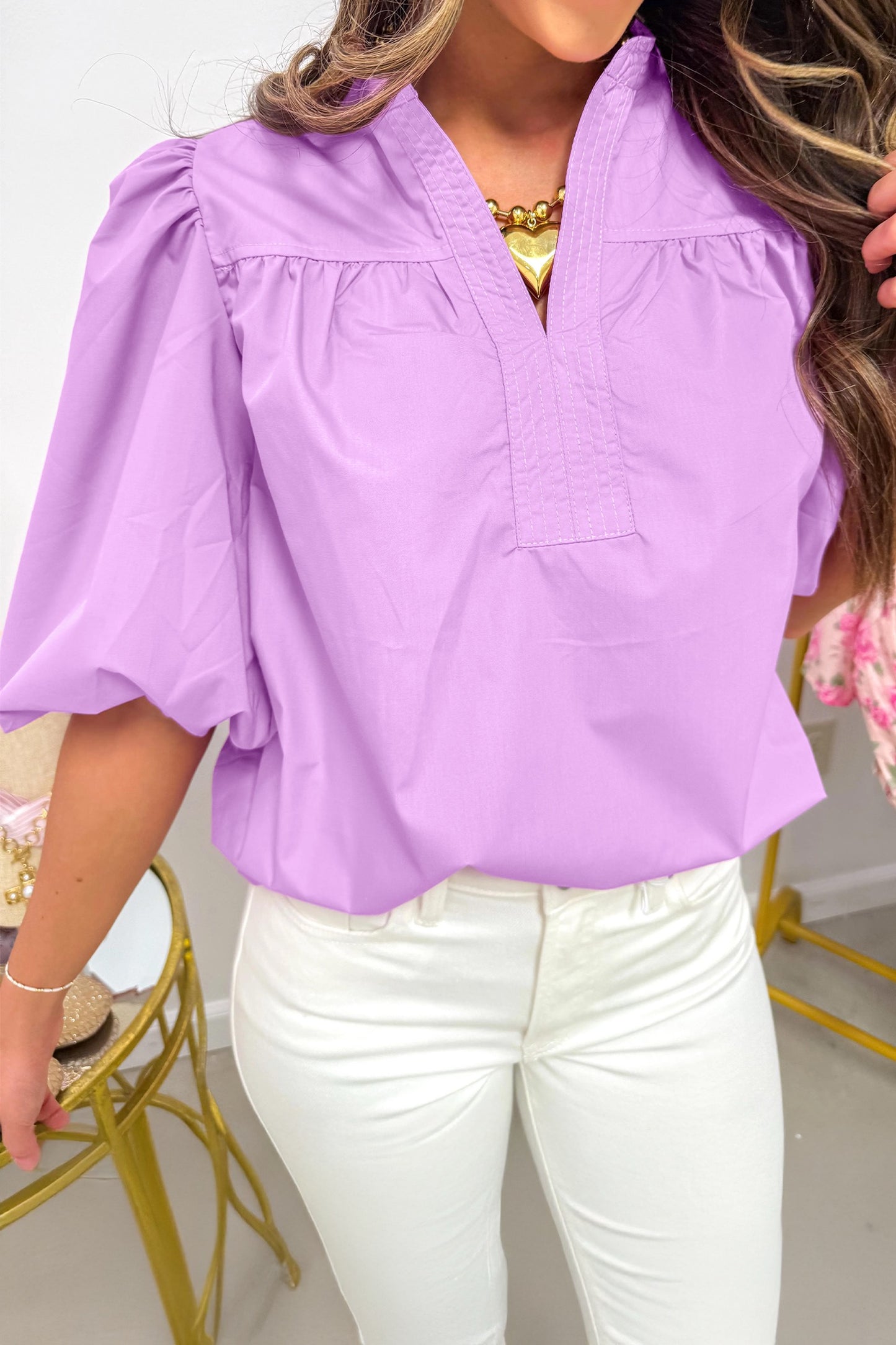 Purple Stitched Detail V Neck Puffy Half Sleeve Blouse