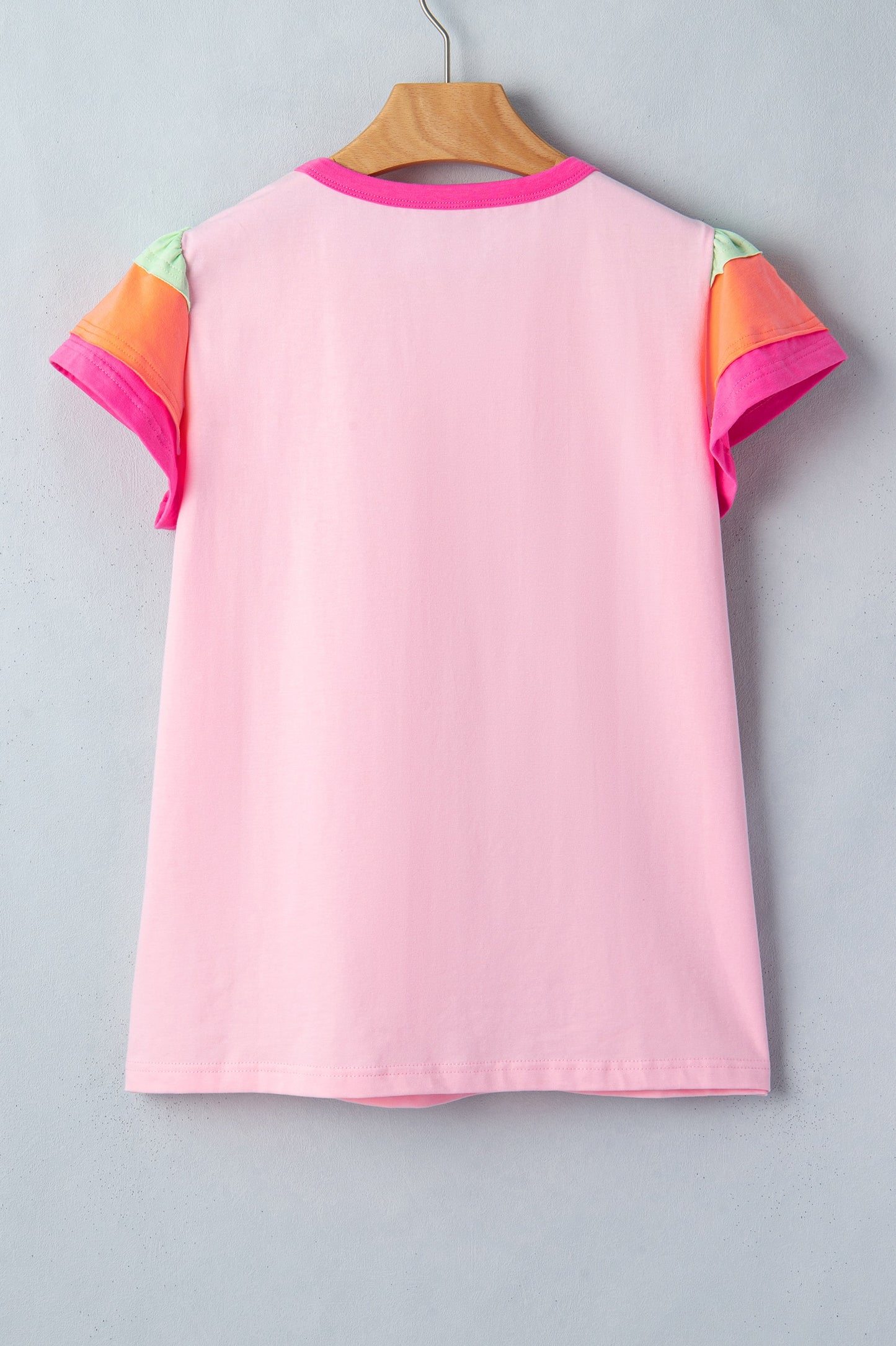 Pink Colorblock Flutter Sleeve Round Neck Tee
