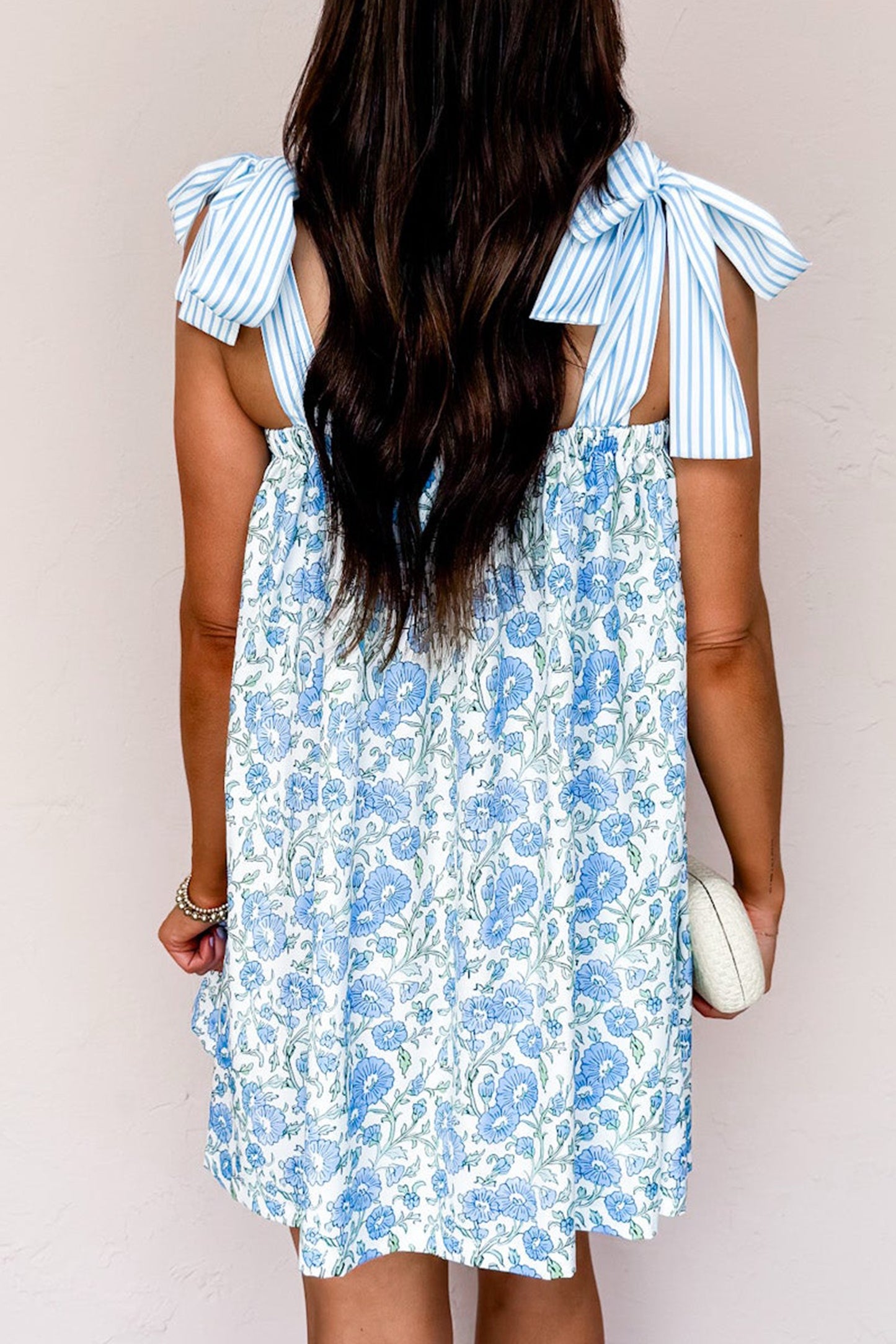 Blue Floral Print Striped Patchwork Bow Knot Straps Dress