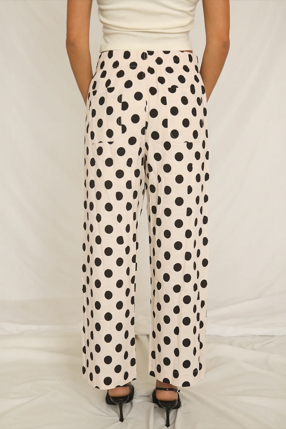 White Polka Dot Print Patched Pocket Loose Fit Pants