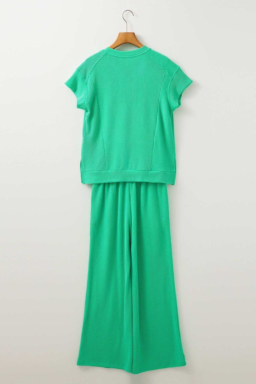Solid Green Corded Knit Short Sleeve T Shirt and Wide Leg Pants Set
