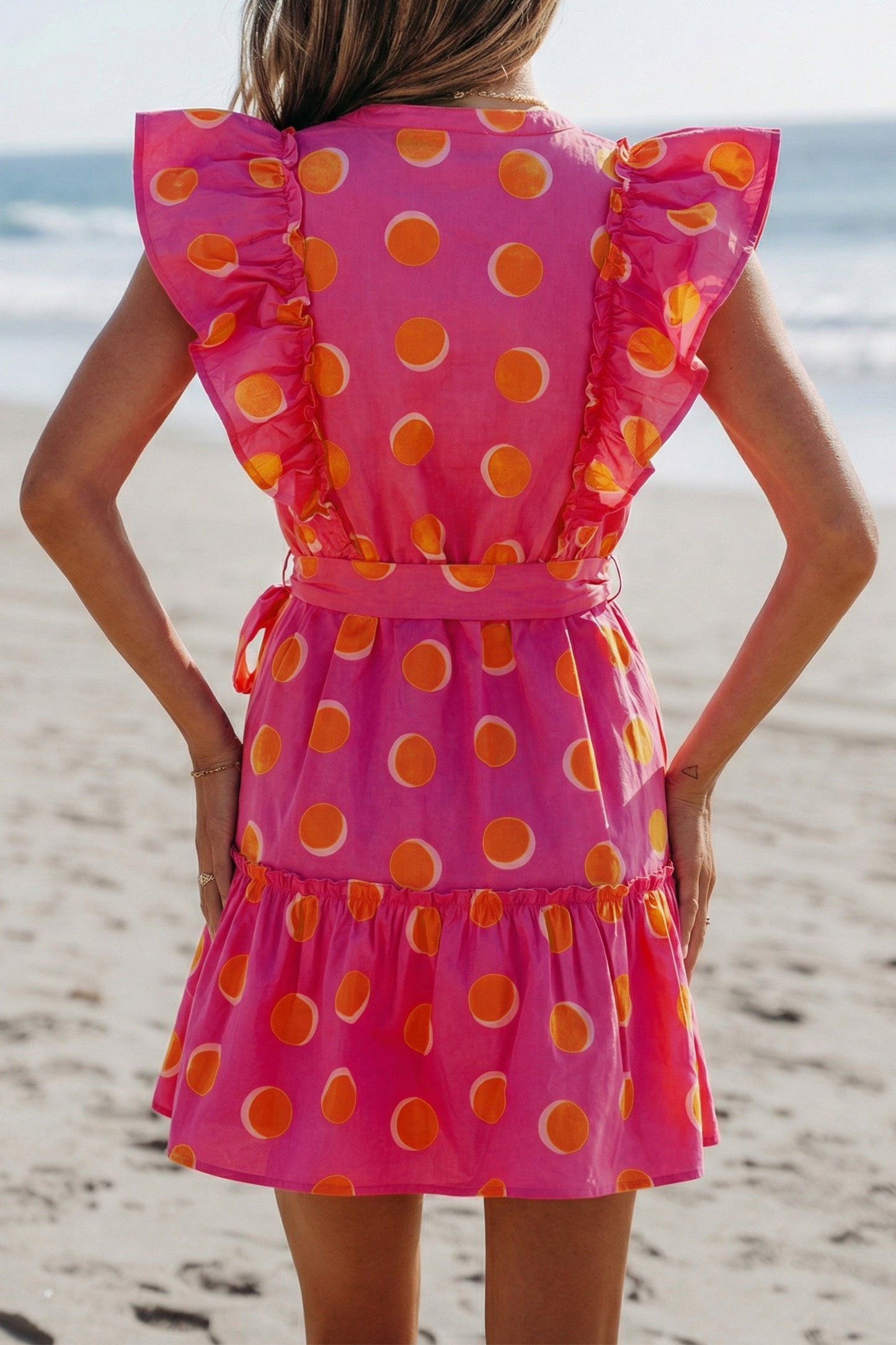 Double Polka Dot V Neck Ruffled Short Sleeve Dress