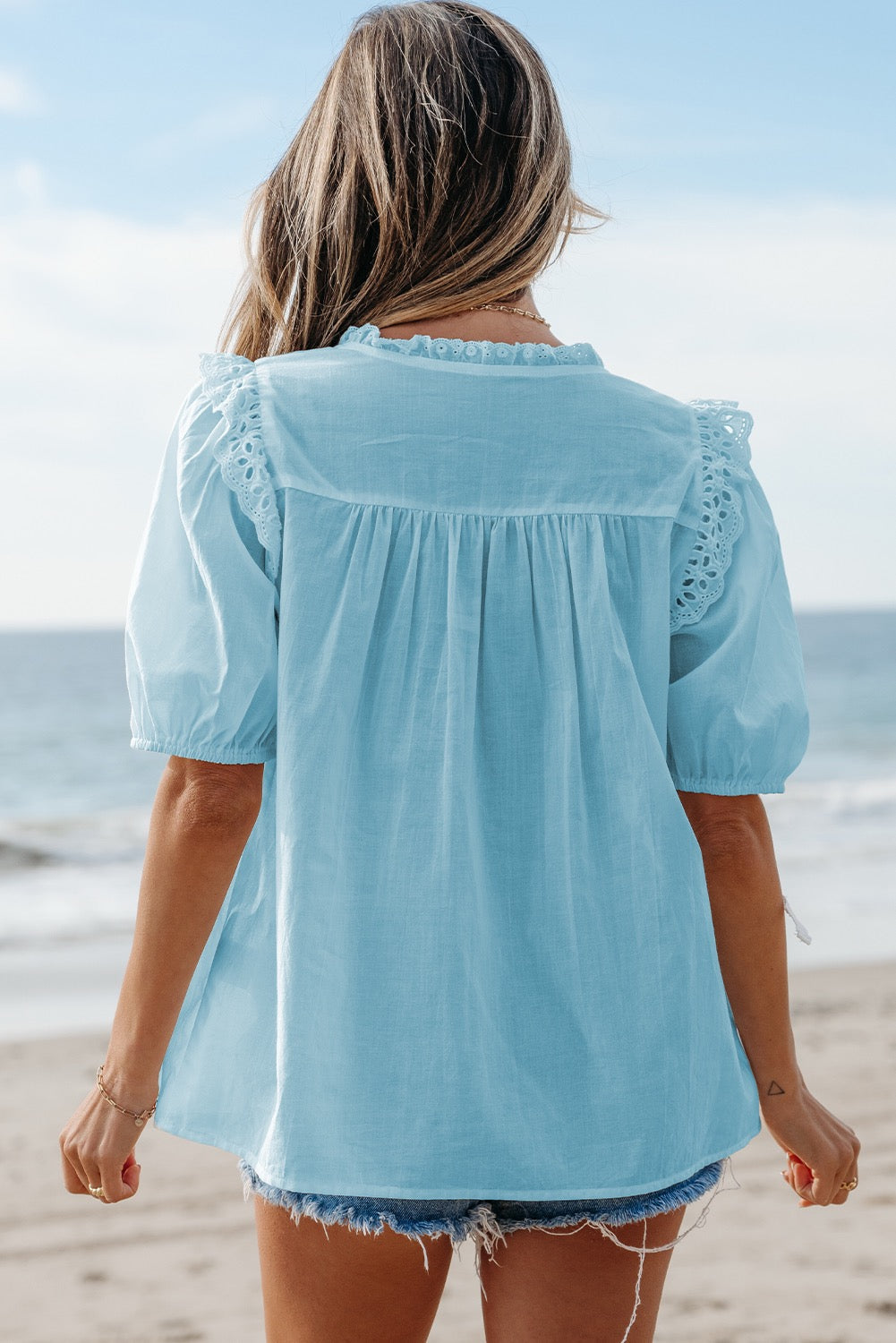 Mist Blue Embroidered Lace Patchwork Tie Neck Puff Sleeve Shirt