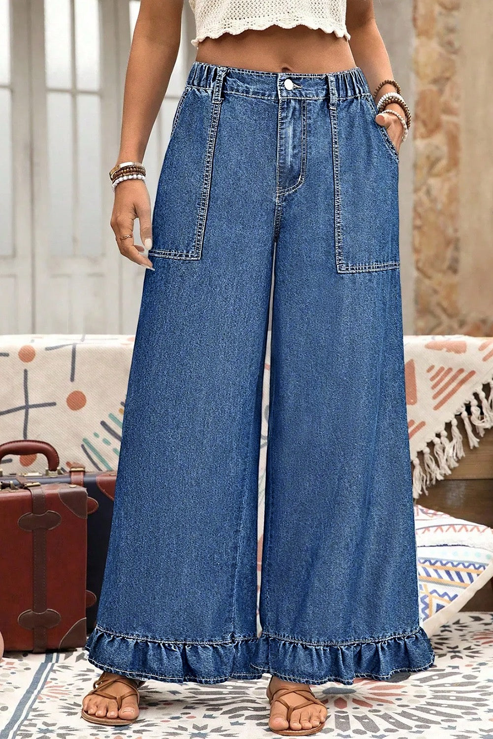 Medium Wash Plus Size Elastic Waist Ruffled Wide Leg Denim Pants