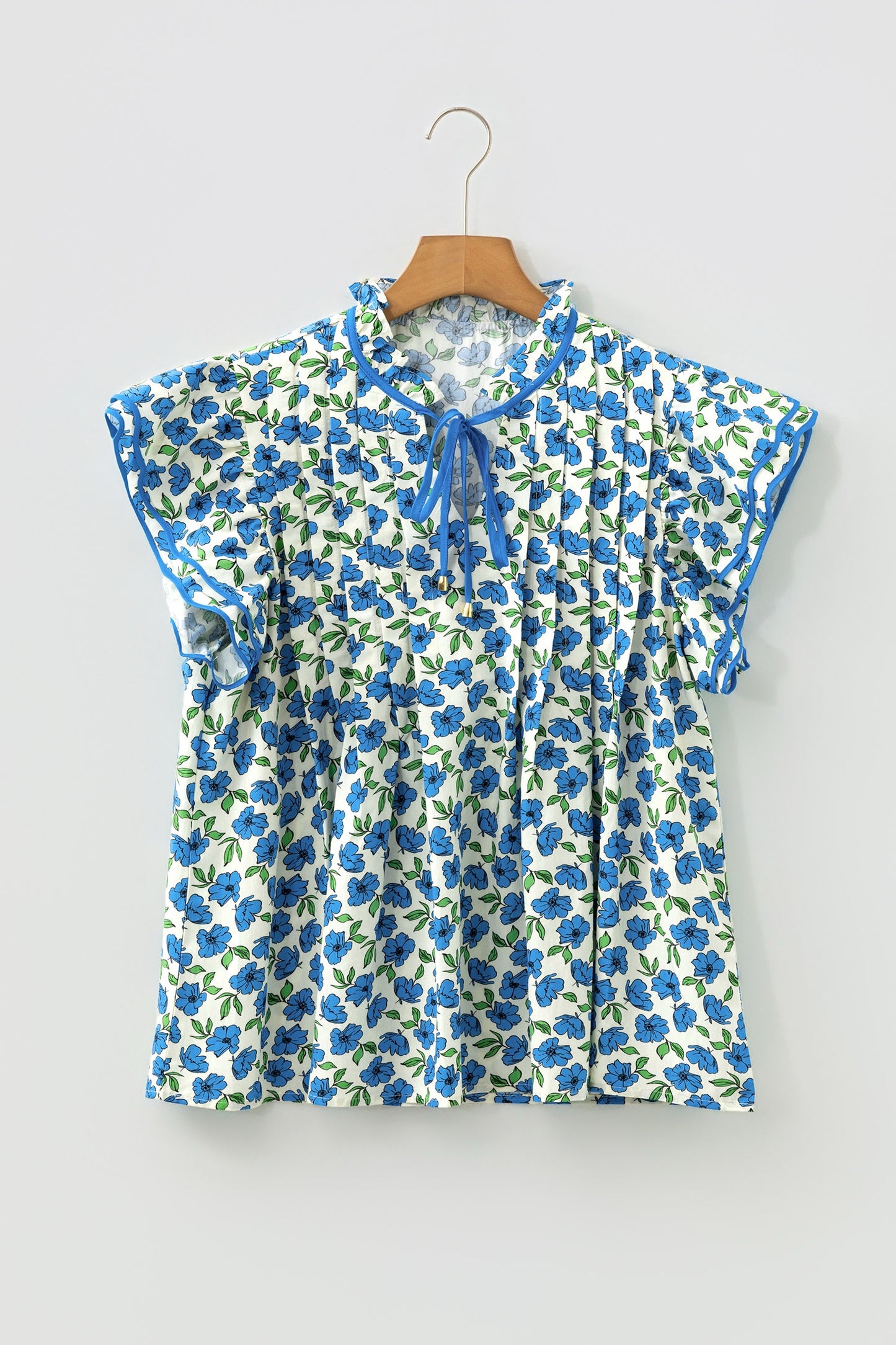 Sky Blue Tiered Flutter Sleeve Pleated Blouse