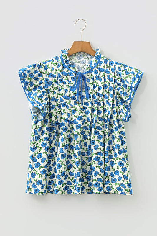 Sky Blue Tiered Flutter Sleeve Pleated Blouse