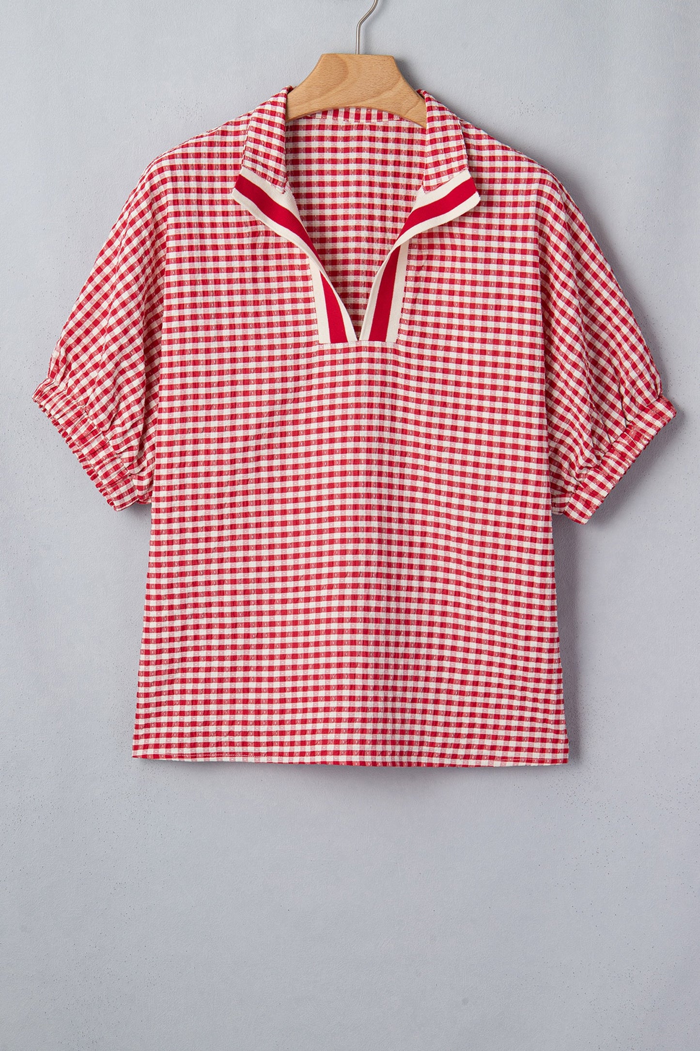 Red Plaid Short Sleeve Colorblock Trim Blouse