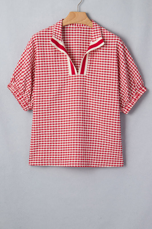 Red Plaid Short Sleeve Colorblock Trim Blouse